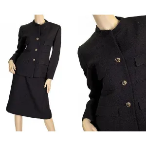 Vintage  Black Textured Wool Ladies Suit Lord & Taylor Davidow 1980s
