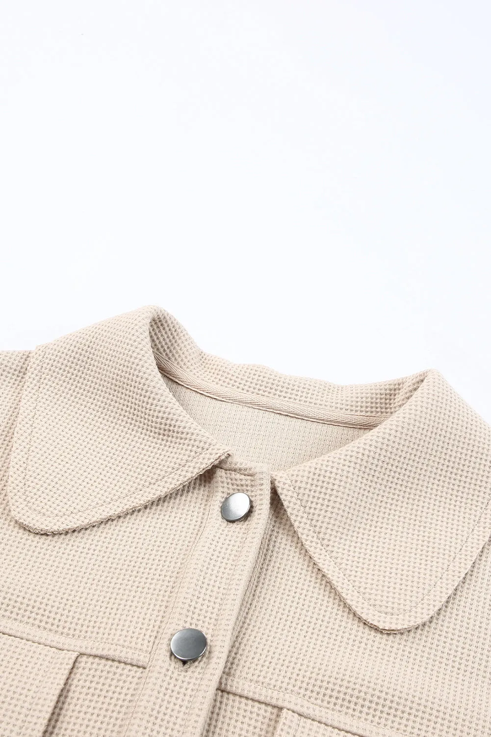 Waffle Knit Buttons Cropped Khaki Jacket with Pockets
