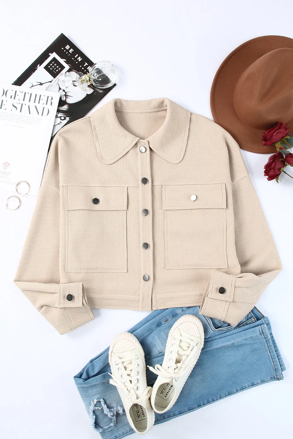 Waffle Knit Buttons Cropped Khaki Jacket with Pockets