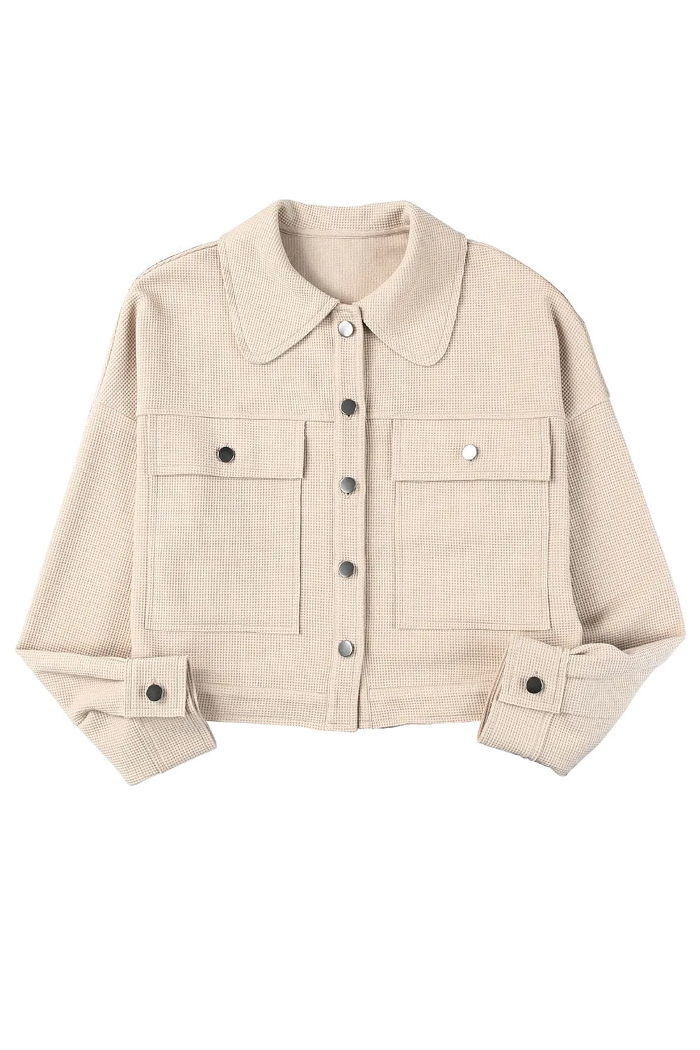 Waffle Knit Buttons Cropped Khaki Jacket with Pockets