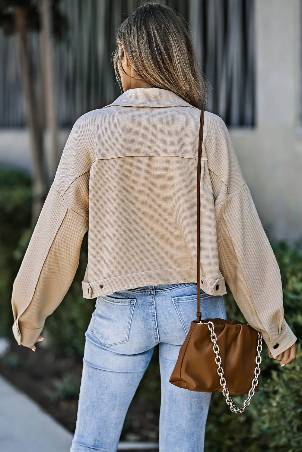 Waffle Knit Buttons Cropped Khaki Jacket with Pockets
