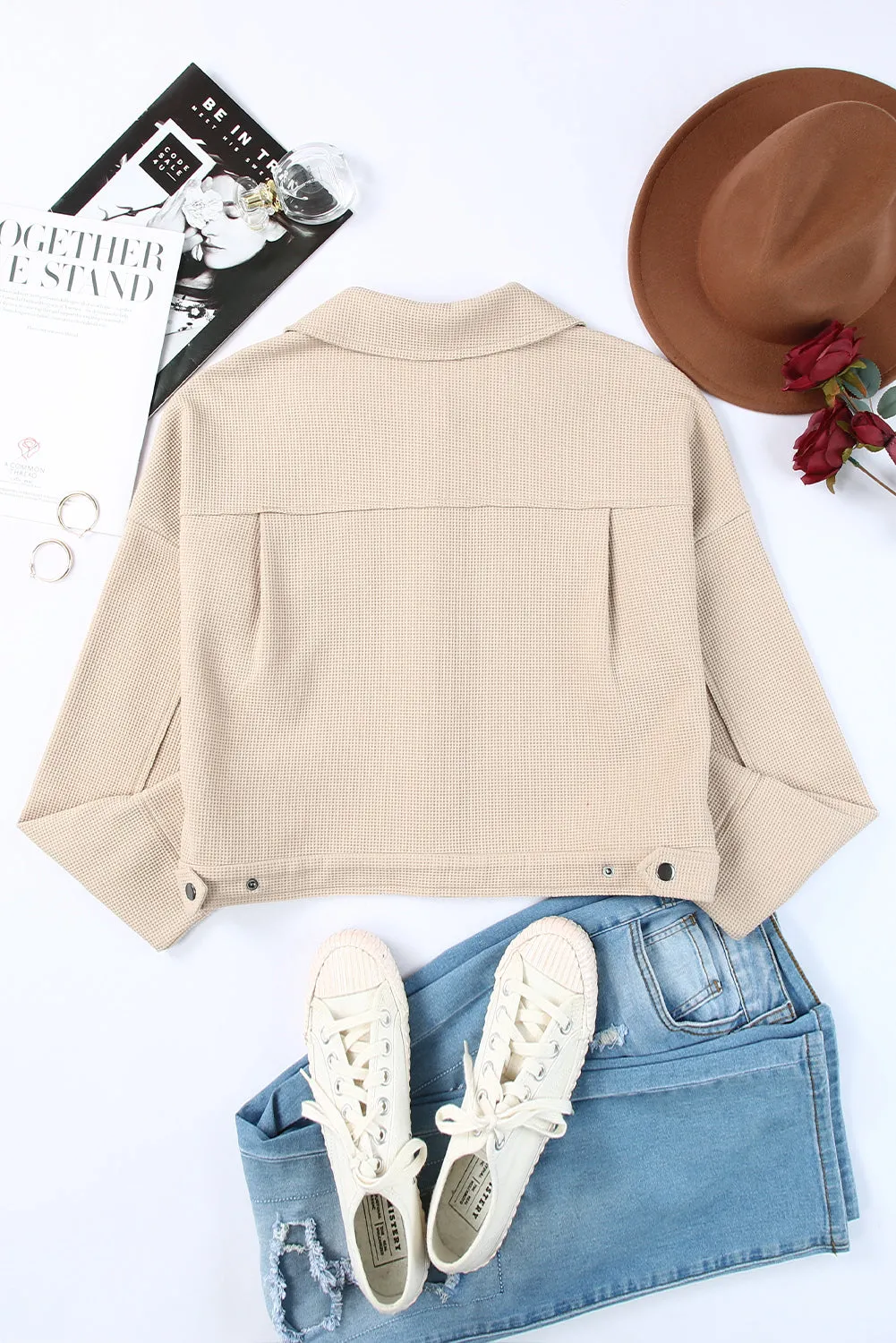 Waffle Knit Buttons Cropped Khaki Jacket with Pockets