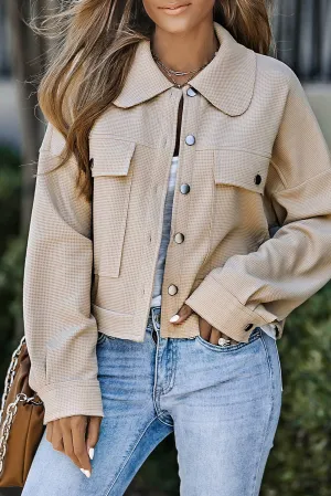 Waffle Knit Buttons Cropped Khaki Jacket with Pockets